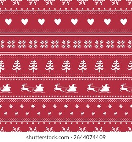 Kerst Gestreepte Patroon met Herten, Santa, Vuurbomen, Hart, Sneeuwvlokken. Naadloze afdrukken. Kerst achtergrond met winter elementen. Vrolijk kerstfeest, gelukkig nieuwjaarsontwerp. Vector in rood, wit