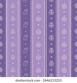 Christmas Striped Pattern with Christmas Ornament, Deer, Gift Box, Snowflakes. Seamless Print. Christmas Background. Vertical Stripes. Merry Christmas, Happy New Year Design. Vector in Purple, White