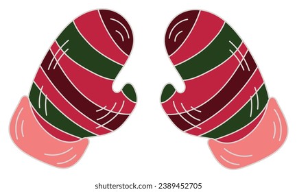 Christmas striped pink and green mitten gloves sticker isolated on white background