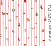 Christmas striped seamless pattern decorated tiny winter holiday elements - Santa, fir tree, pudding, gingerbread, bow, dog, sock. Vector repeat background with pink stripes, textile design, wallpaper