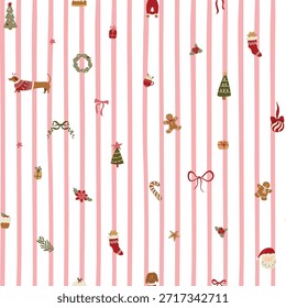 Christmas striped seamless pattern decorated tiny winter holiday elements - Santa, fir tree, pudding, gingerbread, bow, dog, sock. Vector repeat background with pink stripes, textile design, wallpaper
