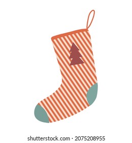 Christmas striped sock or stocking with pine tree. Traditional decorative element. Ornate holiday stockings and socks