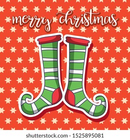 christmas striped socks cartoon card. vector illustration