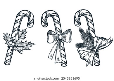 Christmas striped stick candy with bow ribbon isolated on white background. Hand drawn sketch vector illustration. Holiday xmax decoration, sweet gifts design elements set