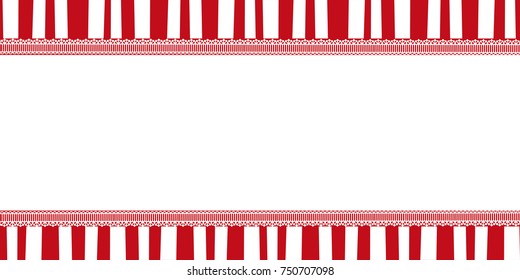 Christmas striped template with copy space framed with lace. Red and white striped pattern. Vector illustration, banner, poster.