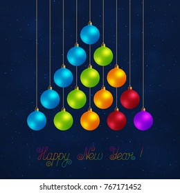 Christmas Striped Tree Made of Realistic Baubles of Different Colors on Dark Blue Background. Colorful New Year Balls in Triangular Shape. 