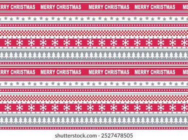 Christmas Stripes with Merry Christmas Text and Snowflakes Seamless Pattern-Christmas Vector Illustration