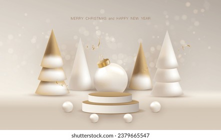 Estudio de Navidad con bolas y árboles. Tarjeta de crema blanca de vacaciones con podio para la venta de productos. Vector de x-mas de invierno escarpado.