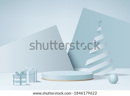 Christmas studio render 3d with gift card and podium platform. Christmas background studio 3d rendering geometric podium. stand for products background. christmas 3d studio on pedestal geometric glow