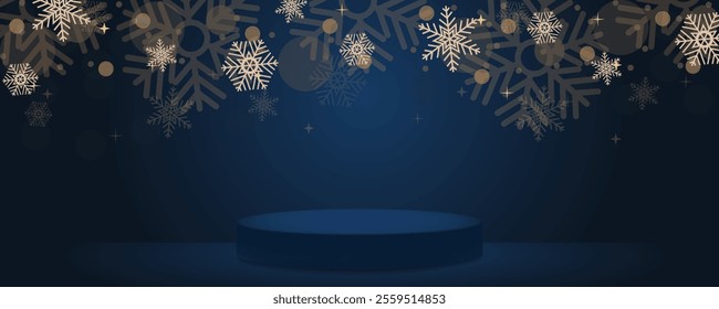 Christmas studio snow flakes and podium or stage on blue background, room with gradient dark tone backdrop, golden snow falling with beautiful bokeh for new year or winter promotion products.