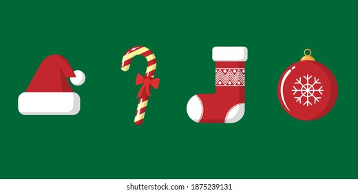 Christmas stuff like Christmas hat, Christmas stocking, candy cane, Christmas ball