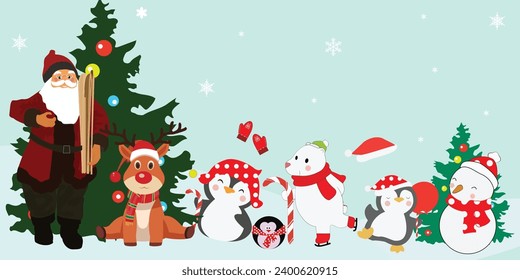 Christmas stuff set collection with Santa, reindeer, polar bear and penguins—vector illustration for New Year celebration.