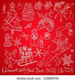 Christmas stuff set for winter holidays and new year. White and blue lineart character and decoration collection.