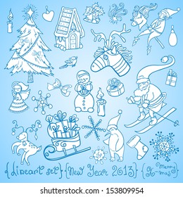 Christmas stuff set for winter holidays and new year. White and blue lineart character and decoration collection.