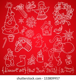 Christmas stuff set for winter holidays and new year. White and blue lineart character and decoration collection.