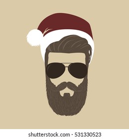 Christmas style beard man in red Santa hat and sunglasses