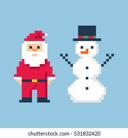 Christmas  in style of eight-bit game. Santa and snowman. Vector illustration
