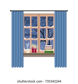 Christmas style window with winter and snow view, vector illustration