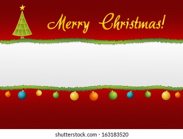Christmas styled torn paper with christmas tree, decorations and sign wishing Merry Christmas