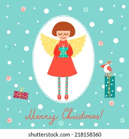 Christmas stylish card in vector. Cute cartoon angel with gift boxes and bird. 