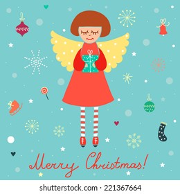 Christmas stylish card in vector. Cute cartoon angel with gift boxes and bird.