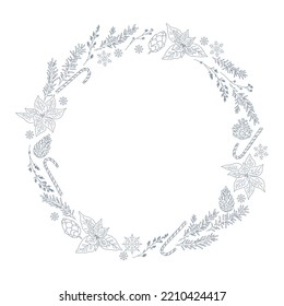 Christmas stylish decor holiday wreath for cards, banners, invitations, packaging. Vector flat outline illustration. Line art.