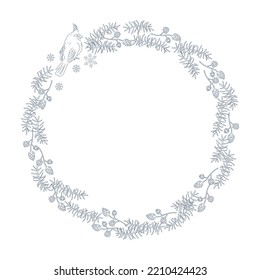 Christmas stylish decor holiday wreath for cards, banners, invitations, packaging. Vector flat outline illustration. Line art.