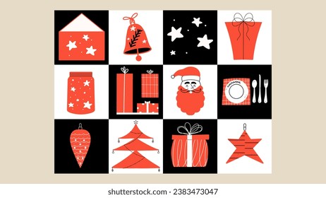 Christmas stylish elements set. Happy New Year postcard. Xmas geometric background.