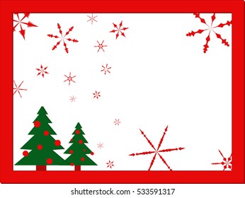 Christmas stylization card in red frame with snowflakes and Christmas trees on white background flat design, vector, eps 10