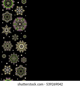 Christmas Stylized green and pink Snowflakes on a Black Background. Seamless Repeating Pattern. Vector vertical design with copy space (place for your text).