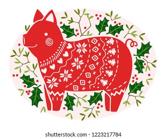 Christmas stylized image of a pig with a decorating ornament in the green of mistletoe and holly