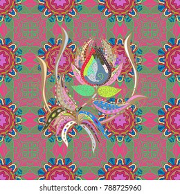 Christmas Stylized pink, beige and green Snowflakes on a pink, beige and green colors. Vector illustration.
