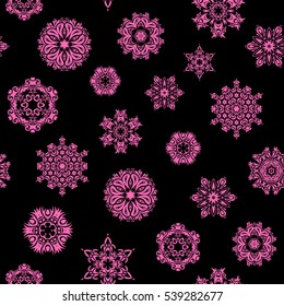 Christmas Stylized pink Snowflakes on a Black Background. Seamless Repeating Pattern. Vector design.