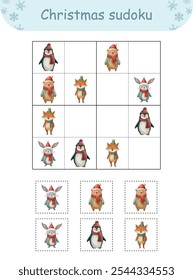 Christmas sudoku educational game for preschool kids and toddlers with animal characters, designed to enhance learning and fun skills.