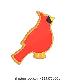 Christmas sugar cookie cardinal bird. Xmas vector illustration with cute red winter bird cookie shape decorated with colorful icing. Holiday sugar cookie bisquit.