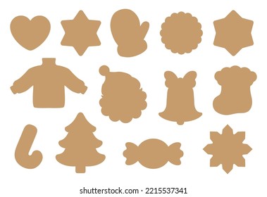 Christmas sugar cookie cut shapes Templates for cutting vector set. Die cut silhouette tags for Christmas decoration, cutting machine, paper craft. Xmas motifs isolated silhouettes cutter knife shape.