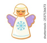 Christmas sugar cookie gingerbread angel. Cute cartoon vector illustration of single cookie icon. Gingerbread person winter angel. Holiday dessert sweet baked food decorated with chocolate icing.