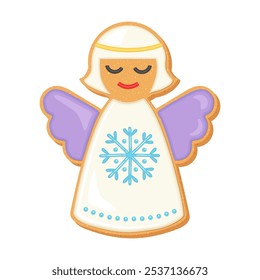 Christmas sugar cookie gingerbread angel. Cute cartoon vector illustration of single cookie icon. Gingerbread person winter angel. Holiday dessert sweet baked food decorated with chocolate icing.