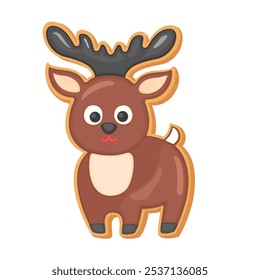 Christmas sugar cookie gingerbread deer. Cute cartoon vector illustration of single cookie icon. Gingerbread reindeer winter character. Holiday dessert sweet baked food decorated with chocolate icing.