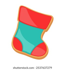 Christmas sugar cookie gingerbread gift sock. Cute cartoon vector illustration of single shortbread biscuit. Xmas object gingerbread cookie icon. Winter design element holiday sweet bakery.