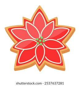 Christmas sugar cookie gingerbread poinsettia. Cute cartoon vector illustration of single gingerbread biscuit. Red winter flower chocolate icing. Design element holiday sweet bakery.