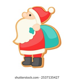 Christmas sugar cookie gingerbread Santa Claus. Cute cartoon vector illustration of single cookie icon. Gingerbread santa winter character. Holiday dessert sweet baked biscuit with chocolate icing.