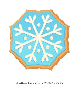 Christmas sugar cookie gingerbread snowflake. Cute cartoon vector illustration of single gingerbread biscuit. Blue chocolate icing. Snow star cookie icon. Winter design element holiday sweet bakery.