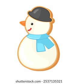 Christmas sugar cookie gingerbread snowman. Cute cartoon vector illustration of single cookie icon. Gingerbread snow man winter character. Holiday dessert sweet baked biscuit with chocolate icing.