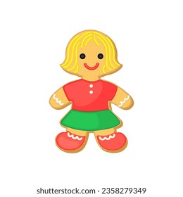 Christmas sugar cookie gingerbread woman. Xmas vector illustration with cute gingerbread person girl. Cookie shape decorated with colorful icing. Red green color holiday sugar cookie bisquit.