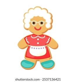 Christmas sugar cookie Mrs. Claus. Cute cartoon vector illustration of cookie icon. Gingerbread person old woman grandma Santa. Winter holiday dessert sweet baked food decorated with chocolate icing.