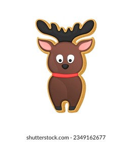 Christmas sugar cookie reindeer santa deer. Xmas vector illustration with cute reindeer cookie shape decorated with chocolate icing. Holiday Xmas sugar cookie bisquit.