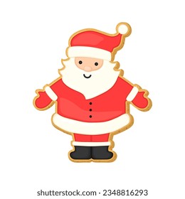 Christmas sugar cookie Santa Claus gingerbread man. Xmas vector illustration with cute Santa Claus cookie shape decorated with colorful icing. Red and white colors. Holiday sugar cookie bisquit.