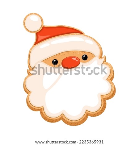 Christmas sugar cookie Santa face. Gingerbread bisquit glased or decorated with icing. Home bakery pastry. Shortbread home made cooking sweet Xmas snack. Cartoon vector illustration flat design.