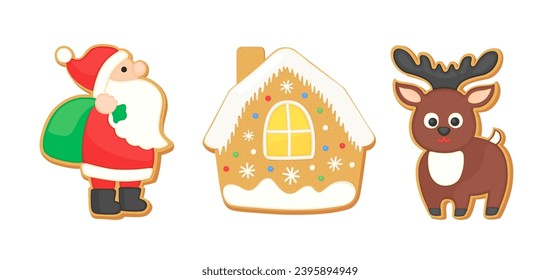 Christmas sugar cookie set vector illustration. Cute Santa Claus, reindeer, gingerbread house cookies. Cartoon sugar cookie shapes decorated with icing. Home bakery items isolated. Festive sweet food.